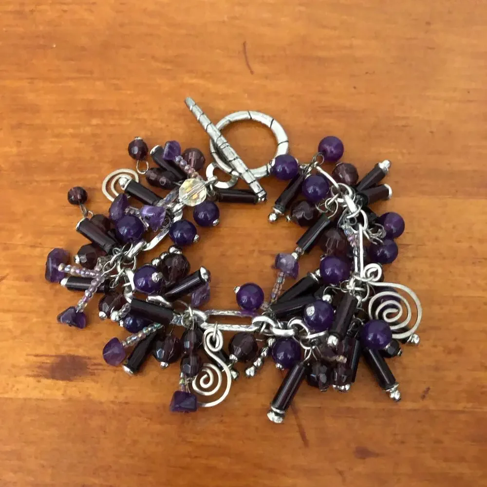 Purple Glass Bead Charm Bracelet Silver Tone Dangle Statement Jewelry - Picture 4 of 8